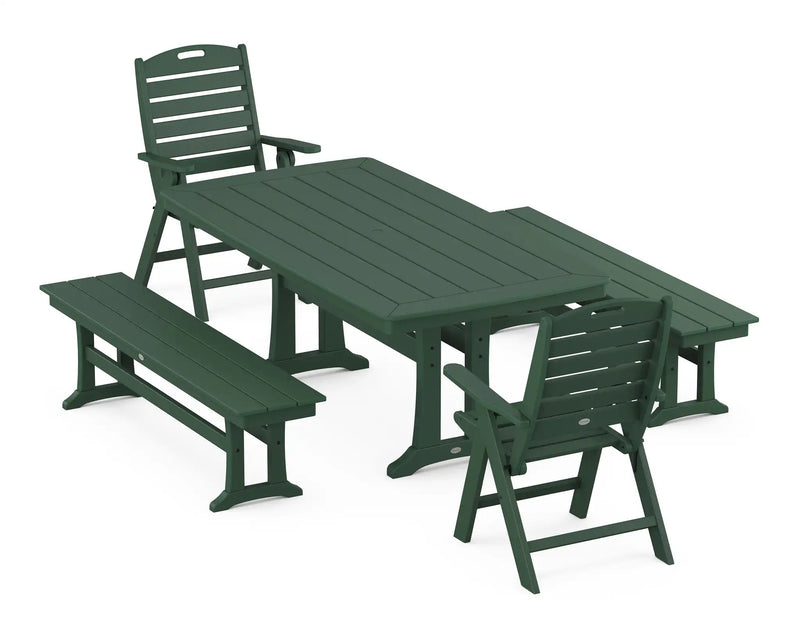 Nautical Folding Highback Chair 5 Piece Dining Set W/ Trestle Legs & Benches - The Great Escape