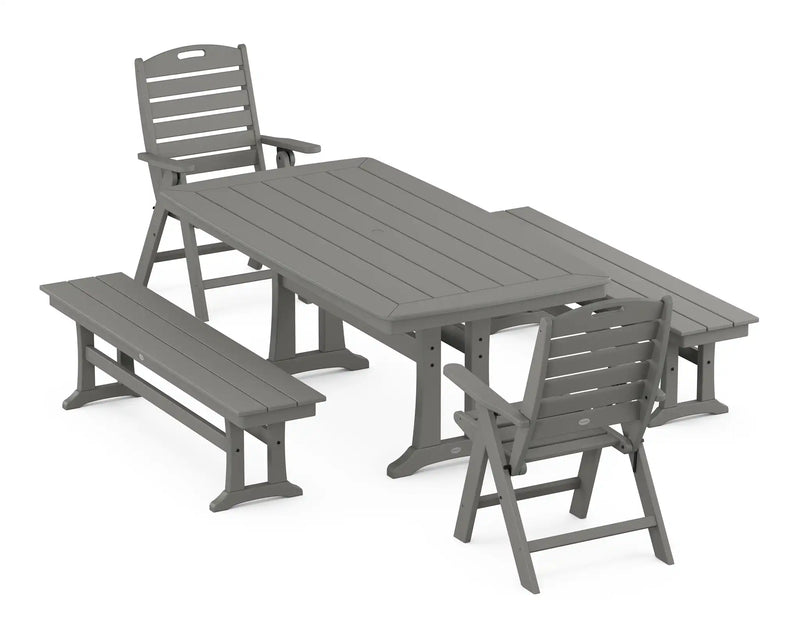 Nautical Folding Highback Chair 5 Piece Dining Set W/ Trestle Legs & Benches - The Great Escape