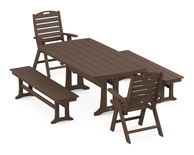 Picture of Nautical Folding Highback Chair 5 Piece Dining Set W/ Trestle Legs & Benches