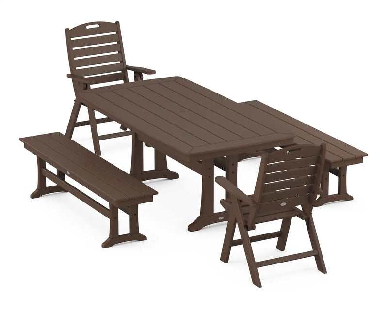 Nautical Folding Highback Chair 5 Piece Dining Set W/ Trestle Legs & Benches - The Great Escape