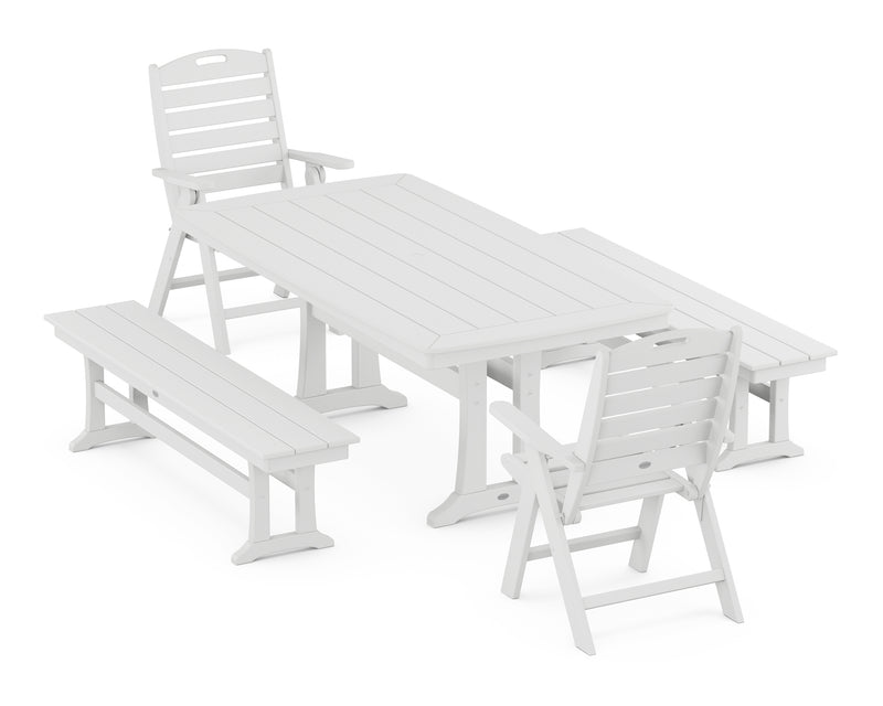 Picture of Nautical Folding Highback Chair 5 Piece Dining Set W/ Trestle Legs & Benches