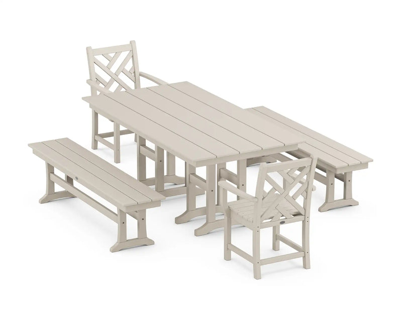 Chippendale 5 Piece Farmhouse Dining Set W/ Benches - The Great Escape