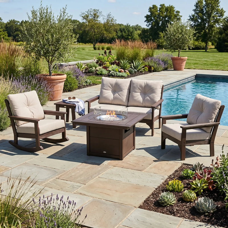 Vineyard 5 Piece Loveseat Firepit Chat Group Vintage Coffee - The Great Escape