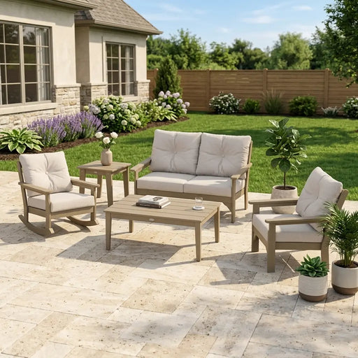 Vineyard 5 Piece Loveseat Deep Seating Chat Set in Vintage Sahara and Dune Burlap