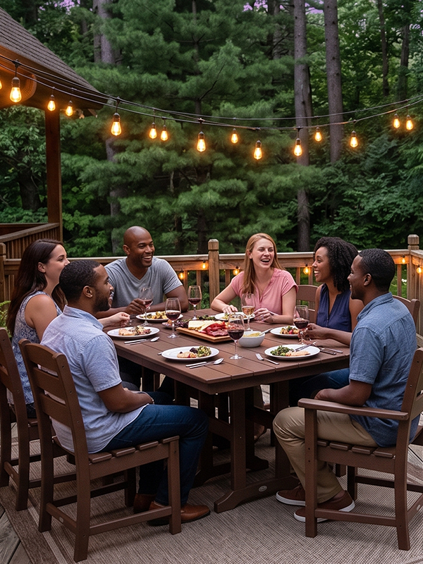 Group of People Sitting at Teak Polywood Dining Set - The Great Escape