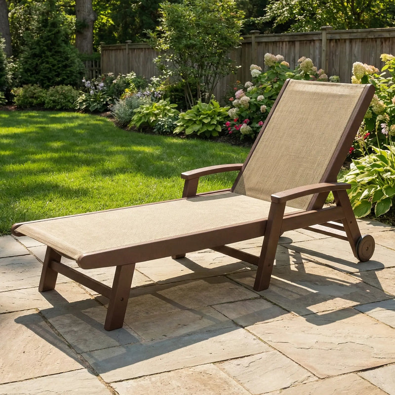Picture of the Coastal Chaise with Wheels in Mahogany with a Burlap Sling