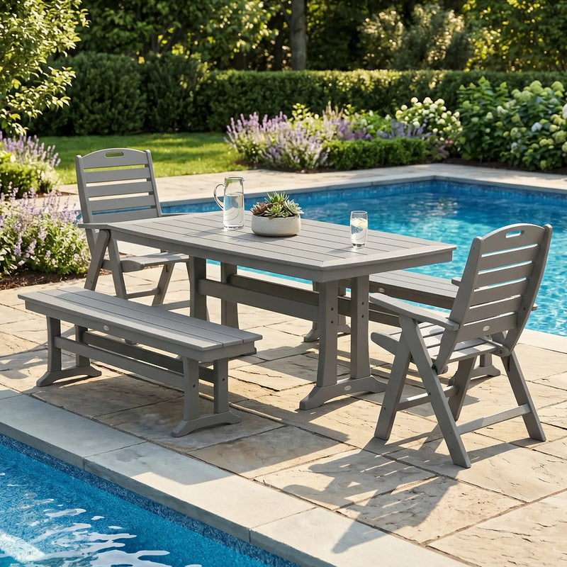 Picture of Nautical Folding Highback Chair 5 Piece Dining Set W/ Trestle Legs & Benches