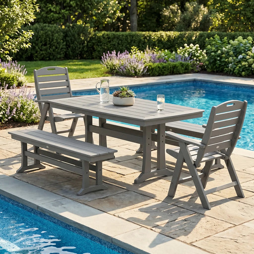 Picture of Nautical Folding Highback Chair 5 Piece Dining Set W/ Trestle Legs & Benches