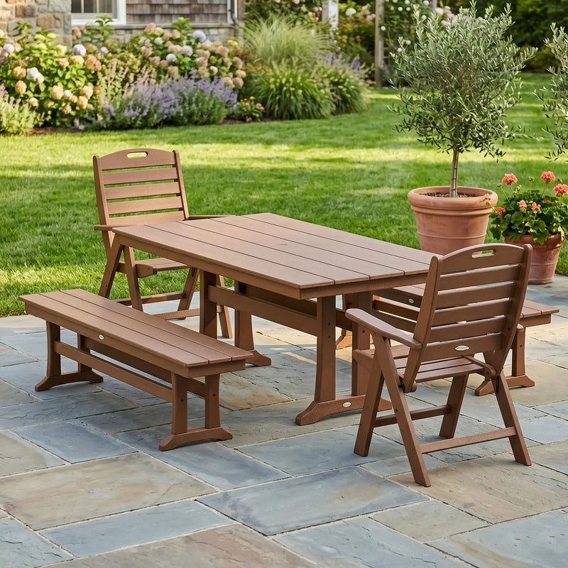 Nautical Folding Highback Chair 5 Piece Farmhouse Dining Set W/ Trestle Legs & Benches