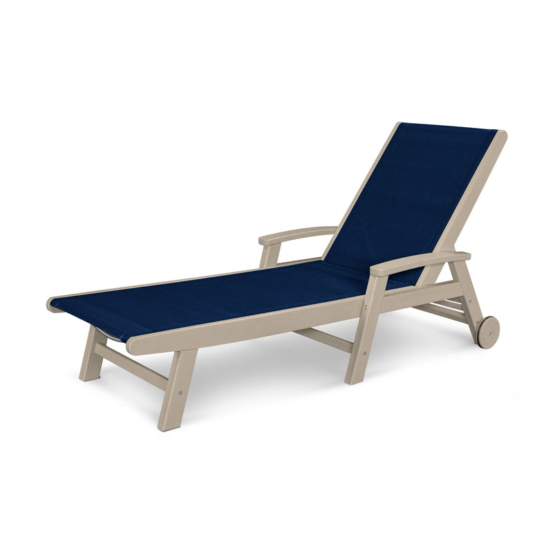 Picture of the Coastal Chaise with Wheels in Sand with a Navy Sling