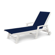 Picture of the Coastal Chaise with Wheels in White with a Navy Sling