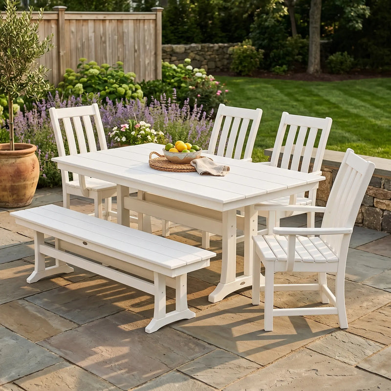 Picture of Vineyard 6 Piece Arm Chair Farmhouse Dining Set W/ Trestle Legs & Bench