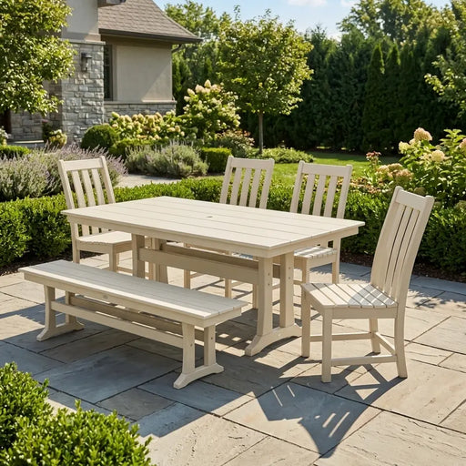 Picture of Vineyard Side Chair 6 Piece Farmhouse Dining Set W/ Trestle Legs & Bench