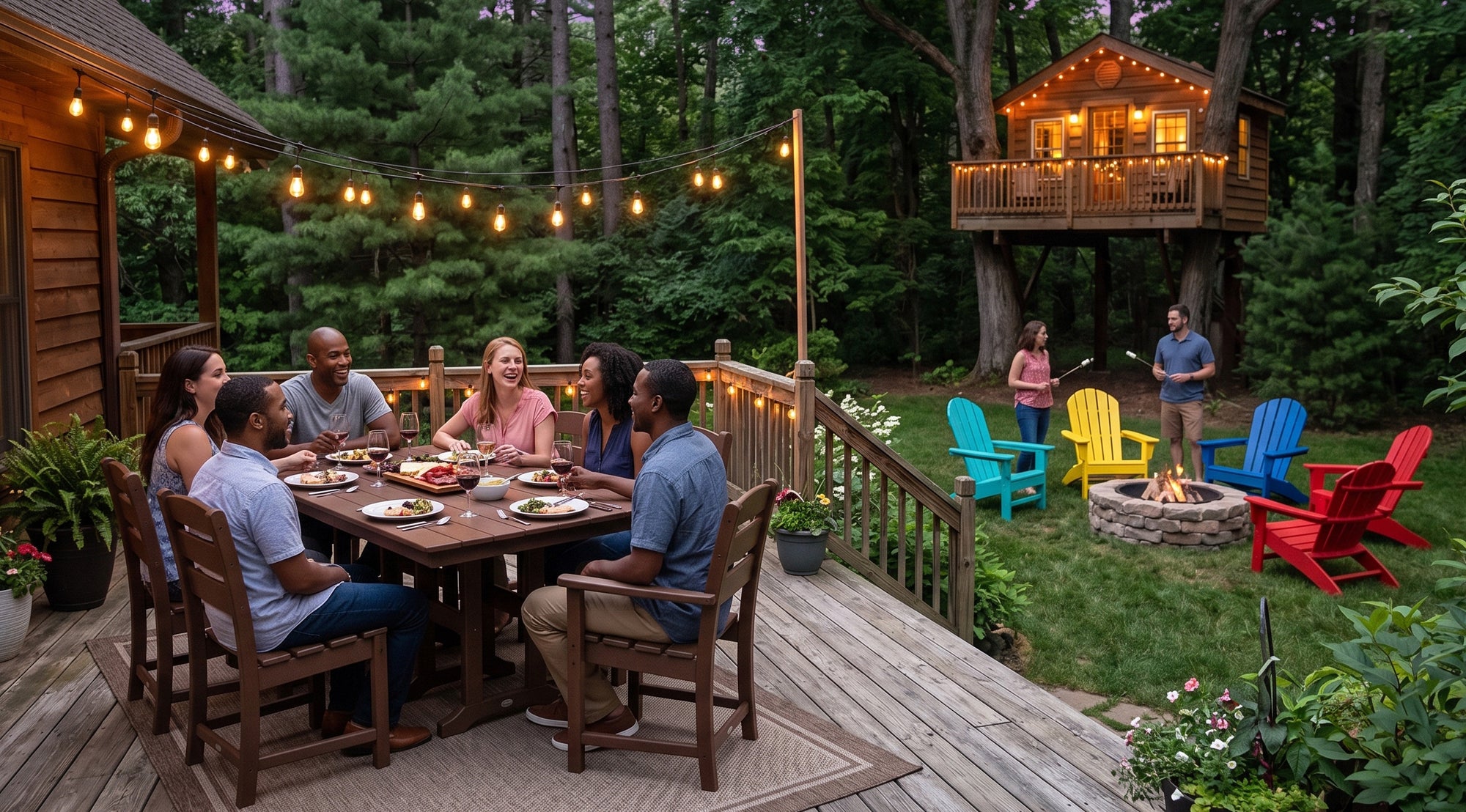 Group of People Outside on Patio at Dusk Enjoying Various Polywood Patio Sets, Including Lakeside Dining Group and Adirondack Chairs - The Great Escape