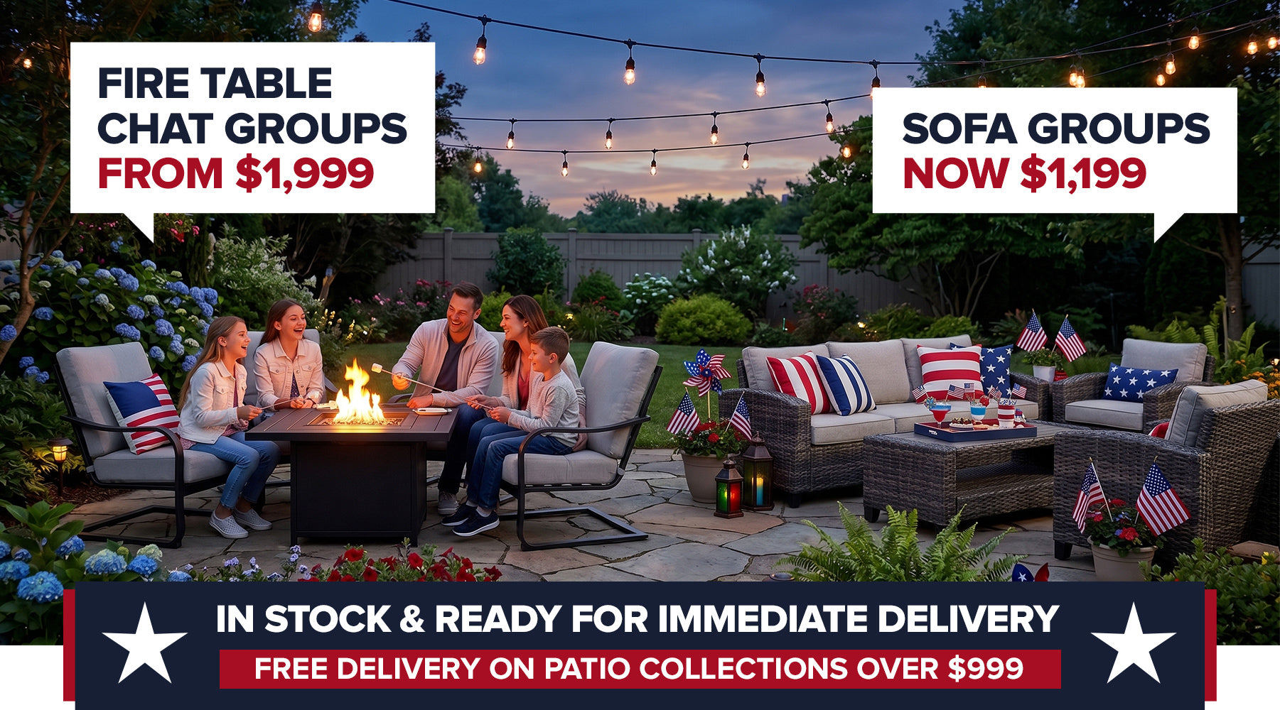 FIRE TABLE CHAT GROUPS FROM $1,999, SOFA GROUPS NOW $1,199, IN STOCK &READY IMMEDIATE DELIVERY, FREE DELIVERY ON PATIO COLLECTIONS OVER $999 - THE GREAT ESCAPE